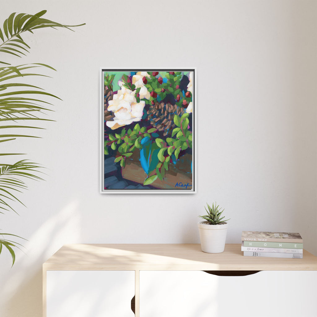 Winter Floral Holly & Pinecone Framed Canvas Print (18"x24")